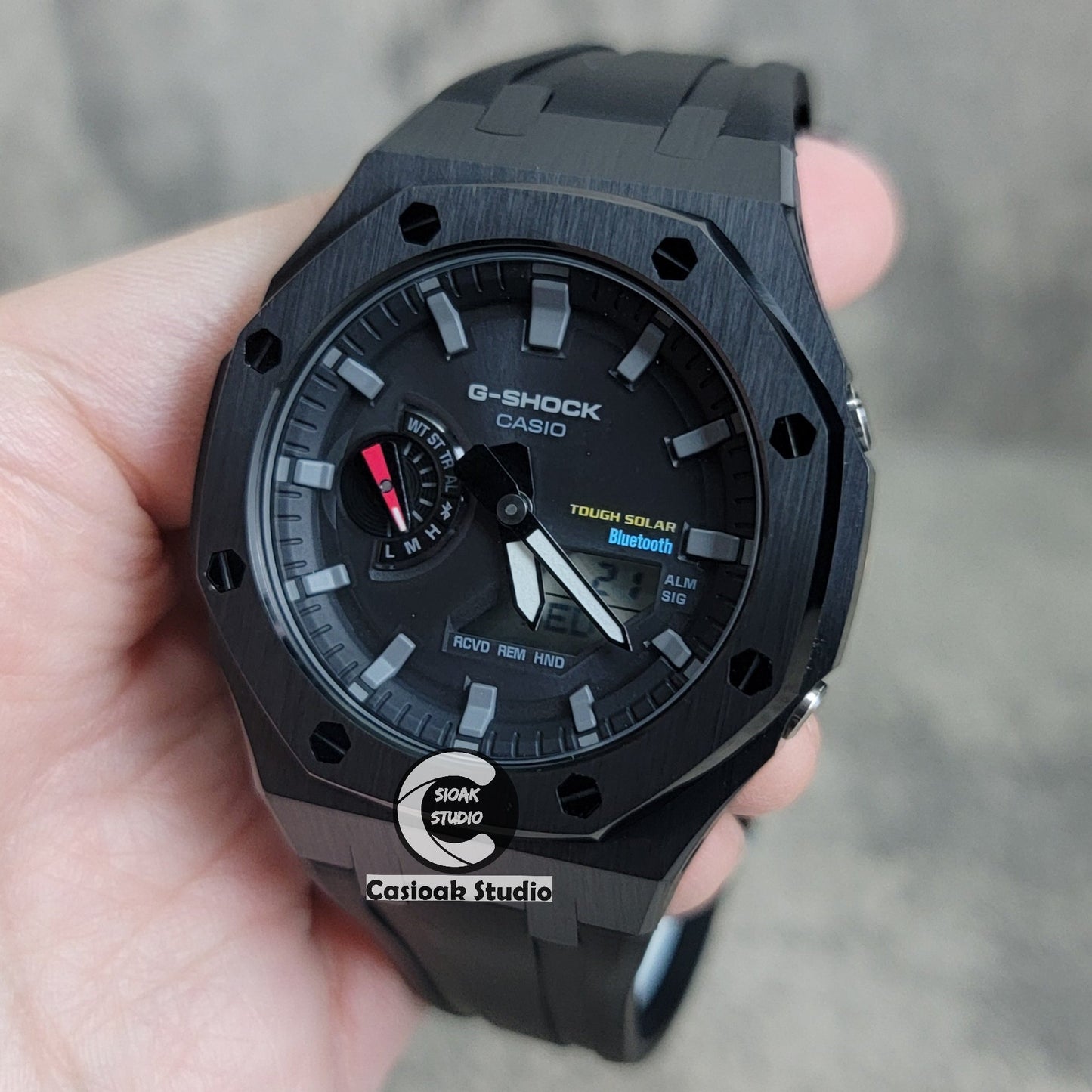 Casioak Mod Watch Solar Bluetooth Black Case Black Rubber Strap Black Time Mark Black Dial 44mm- Casioak Mod Casio G-Shock Royal Oak Custom Mens Luxury Watches Ga2100