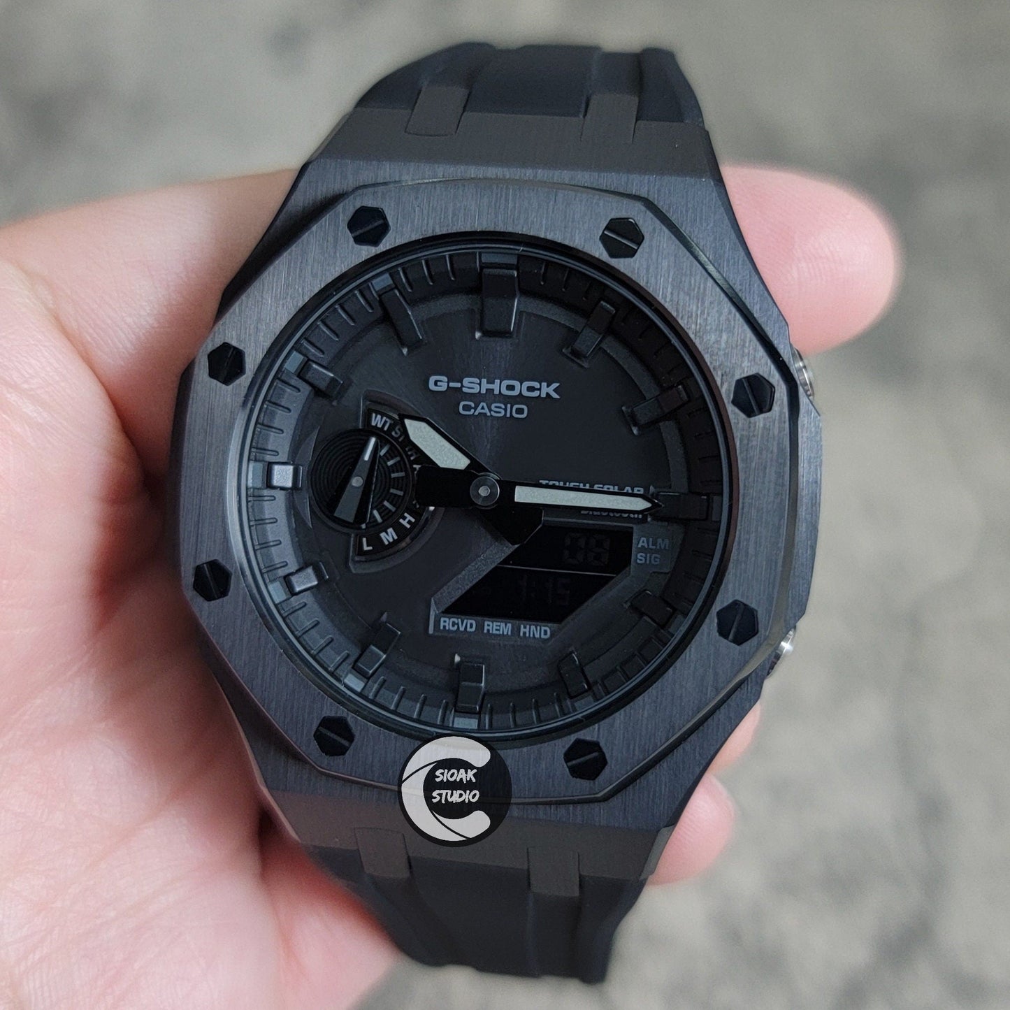 Casioak Mod Watch Solar Bluetooth Black Case Black Rubber Strap Black Time Mark Black Dial 44mm- Casioak Mod Casio G-Shock Royal Oak Custom Mens Luxury Watches Ga2100