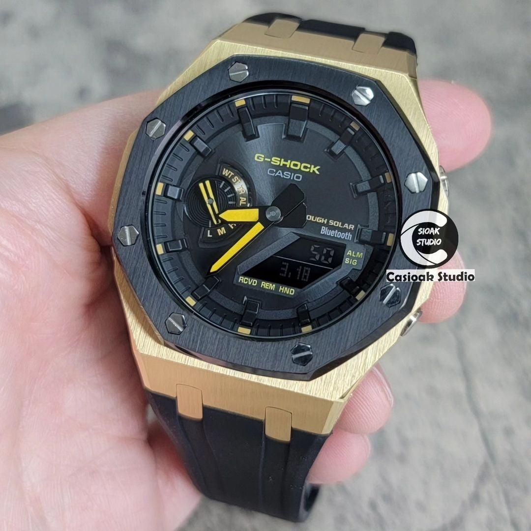 Casioak Mod Watch Solar Bluetooth Black Case Black Rubber Strap Black Time Mark Black Dial 44mm- Casioak Mod Casio G-Shock Royal Oak Custom Mens Luxury Watches Ga2100