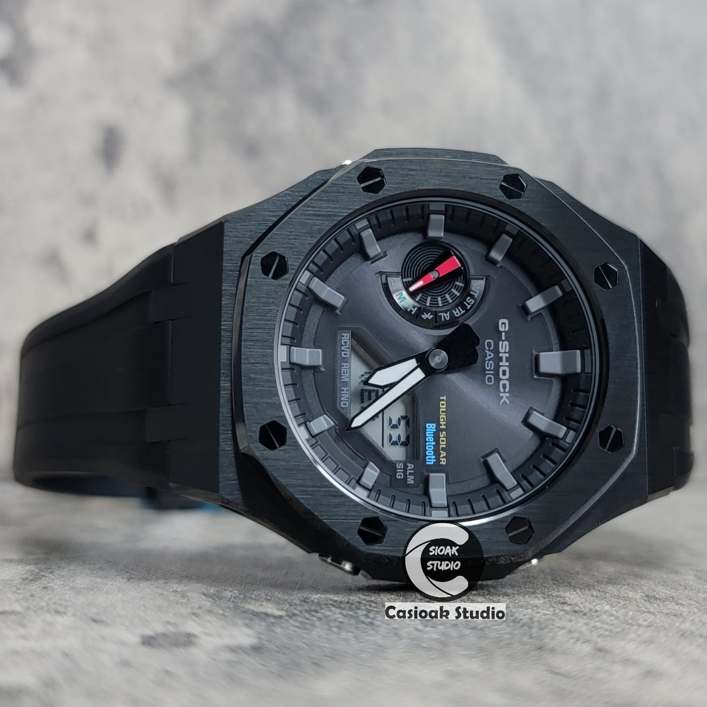 Casioak Mod Watch Solar Bluetooth Black Case Black Rubber Strap Black Time Mark Black Dial 44mm- Casioak Mod Casio G-Shock Royal Oak Custom Mens Luxury Watches Ga2100