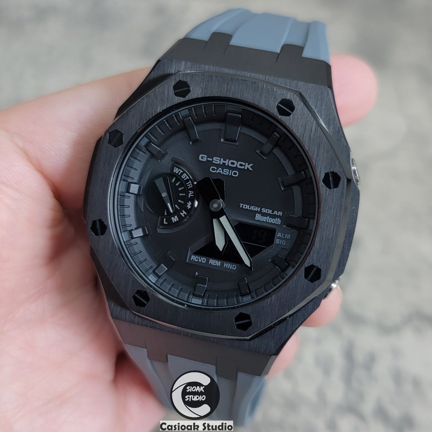 Casioak Mod Watch Solar Bluetooth Black Case Gray Rubber Strap Black Time Mark Black Dial 44mm- Casioak Mod Casio G-Shock Royal Oak Custom Mens Luxury Watches Ga2100