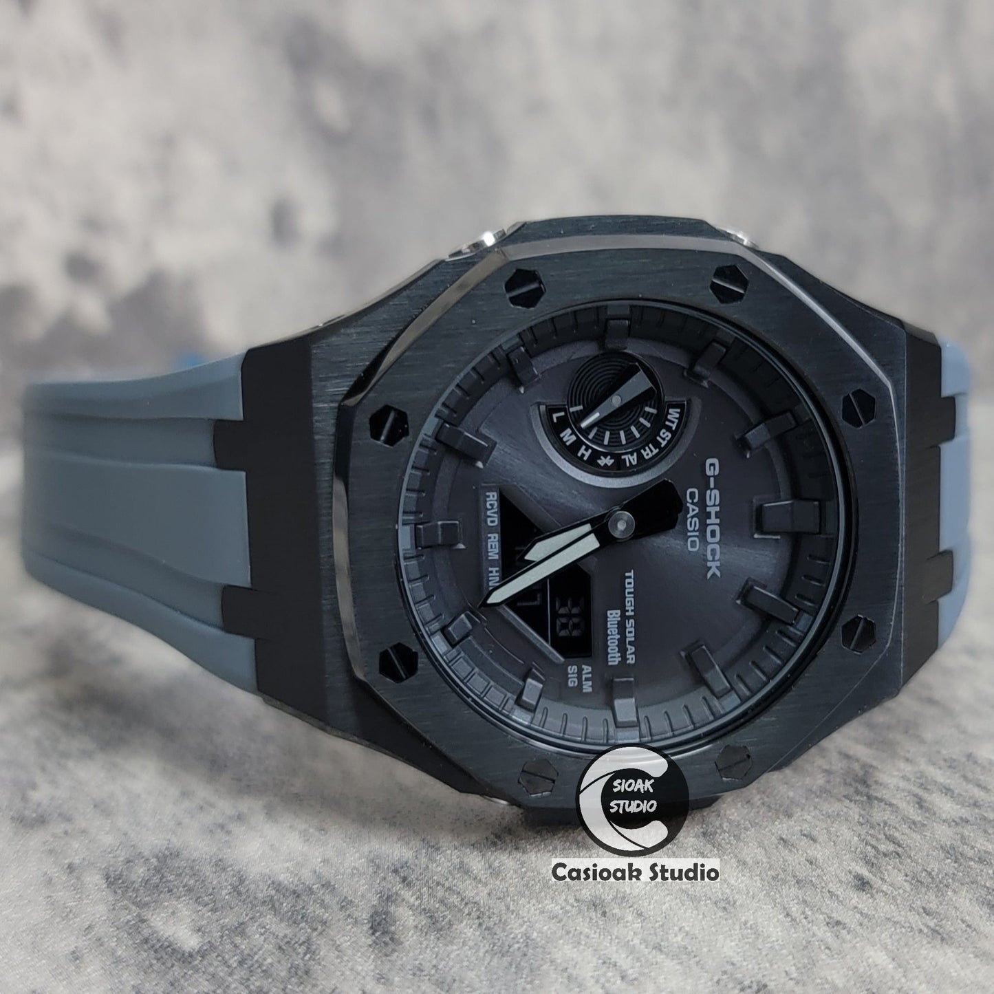 Casioak Mod Watch Solar Bluetooth Black Case Gray Rubber Strap Black Time Mark Black Dial 44mm- Casioak Mod Casio G-Shock Royal Oak Custom Mens Luxury Watches Ga2100