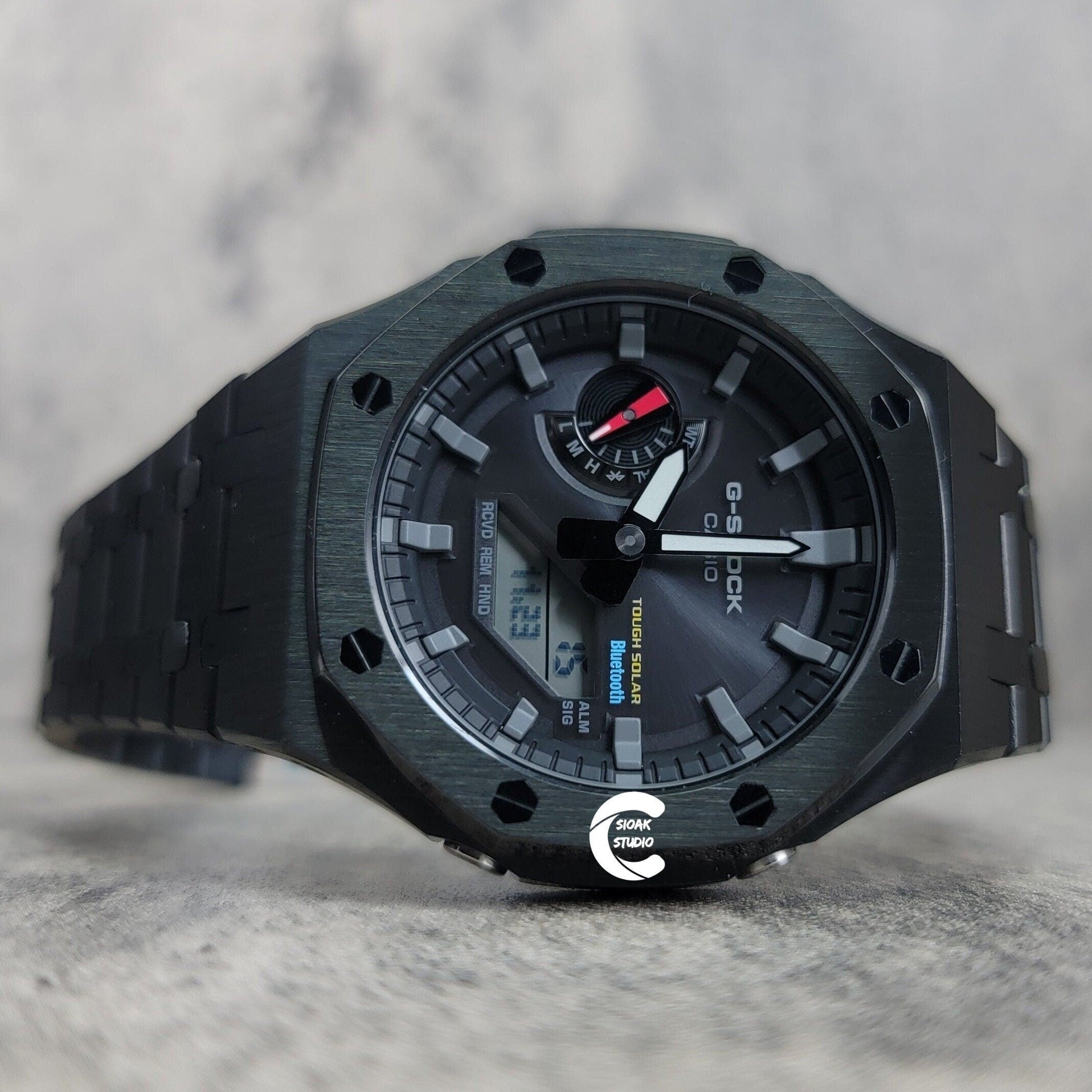 Casioak Mod Watch Solar Bluetooth Black Case Metal Strap Black Gray Time Mark Black Dial 44mm- Casioak Mod Casio G-Shock Royal Oak Custom Mens Luxury Watches Ga2100