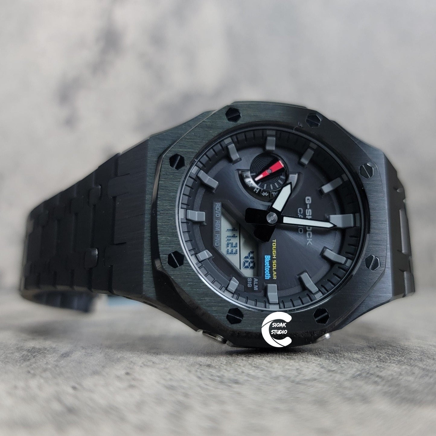 Casioak Mod Watch Solar Bluetooth Black Case Metal Strap Black Gray Time Mark Black Dial 44mm- Casioak Mod Casio G-Shock Royal Oak Custom Mens Luxury Watches Ga2100