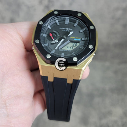 Casioak Mod Watch Solar Bluetooth Black Gold Case Black Rubber Strap Black Gray Time Mark Black Dial 44mm- Casioak Mod Casio G-Shock Royal Oak Custom Mens Luxury Watches Ga2100