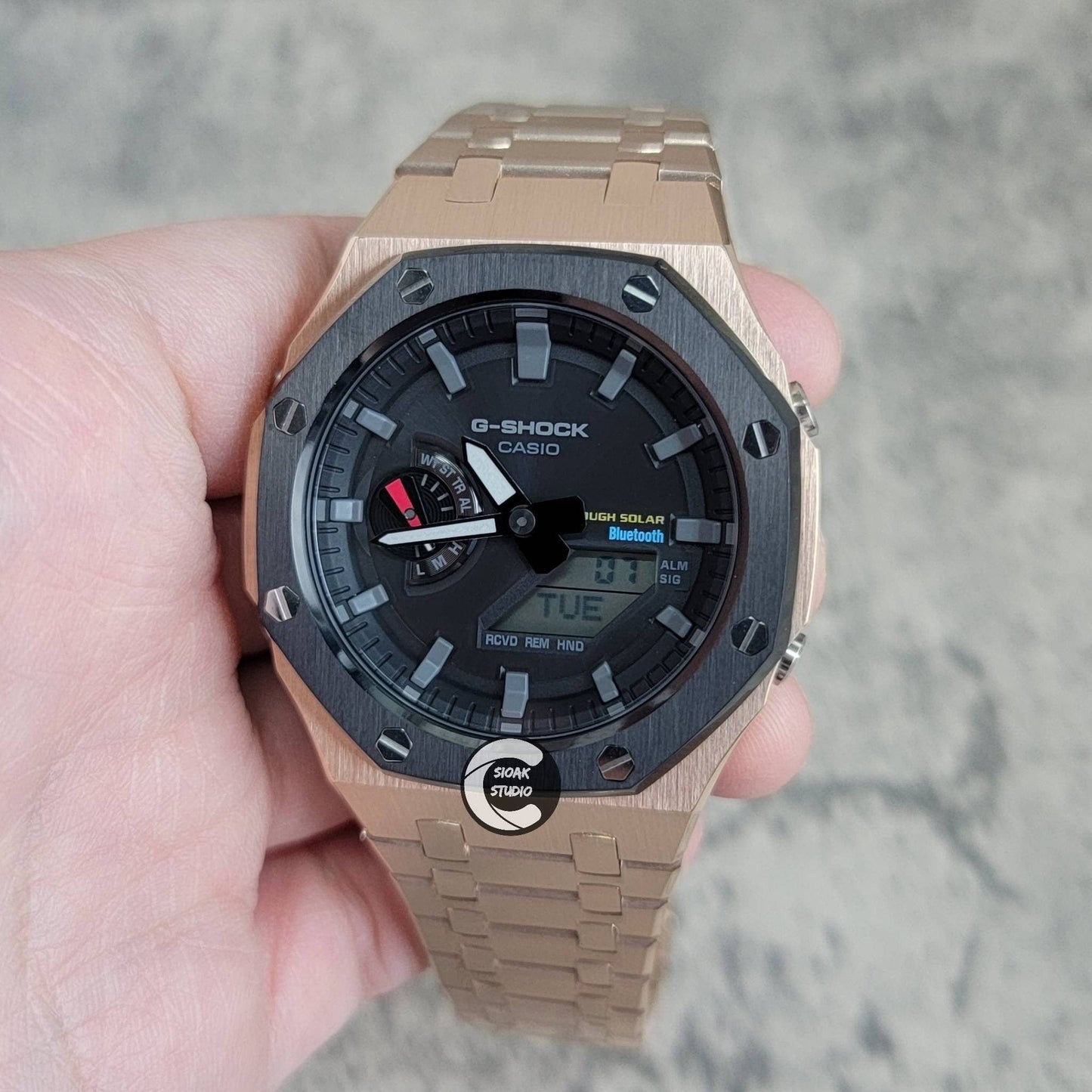 Casioak Mod Watch Solar Bluetooth Black Rose Gold Case Metal Strap Black Gray Time Mark Black Dial 44mm- Casioak Mod Casio G-Shock Royal Oak Custom Mens Luxury Watches Ga2100