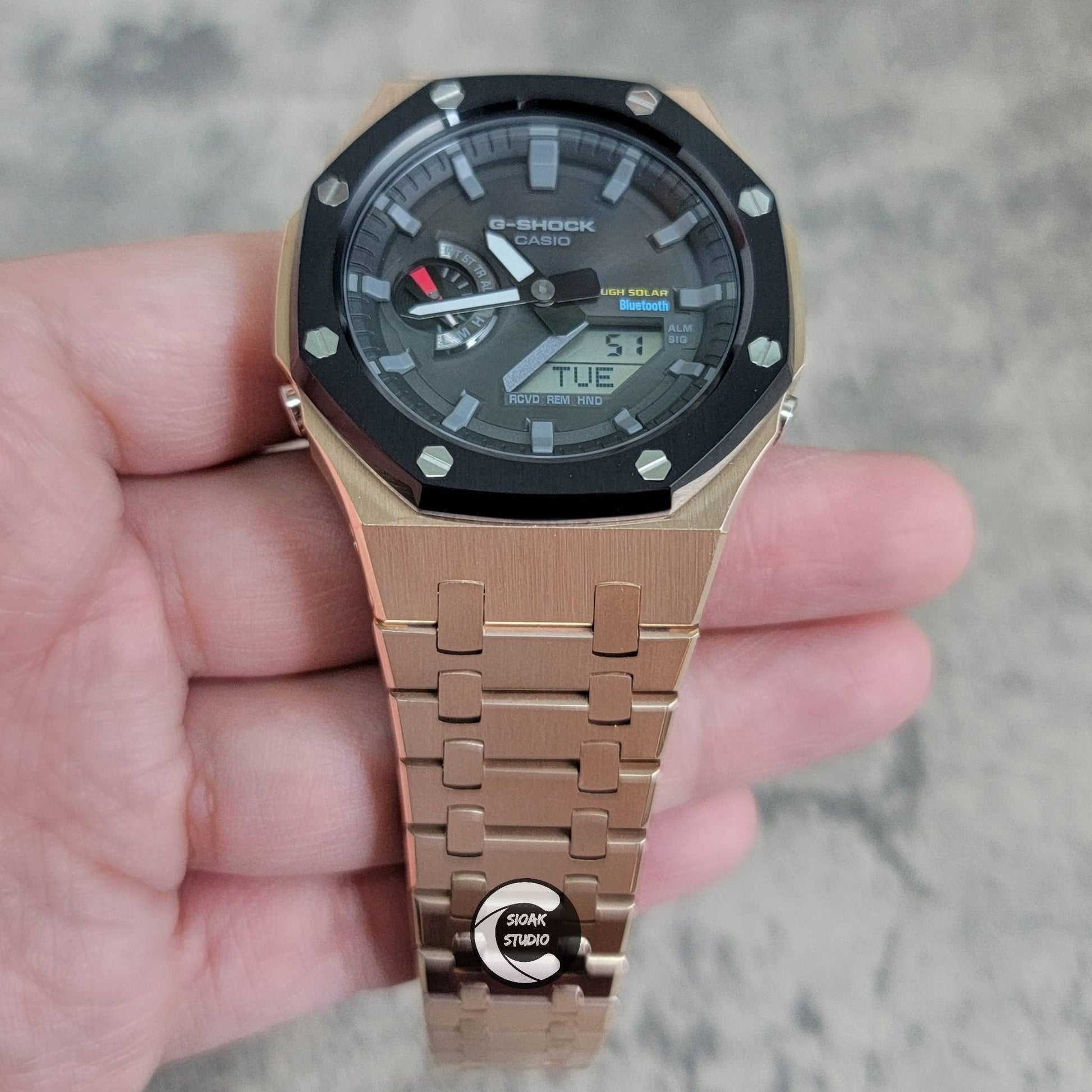 Casioak Mod Watch Solar Bluetooth Black Rose Gold Case Metal Strap Black Gray Time Mark Black Dial 44mm- Casioak Mod Casio G-Shock Royal Oak Custom Mens Luxury Watches Ga2100