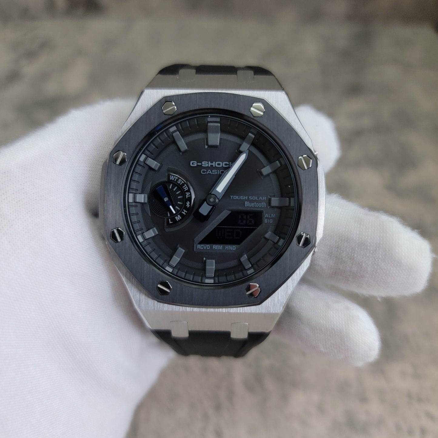 Casioak Mod Watch Solar Bluetooth Black Silver Case Black Rubber Strap Black Gray Time Mark Black Gray Dial 44mm G SHOCK CUSTOM- Casioak Mod Casio G-Shock Royal Oak Custom Mens Luxury Watches Ga2100