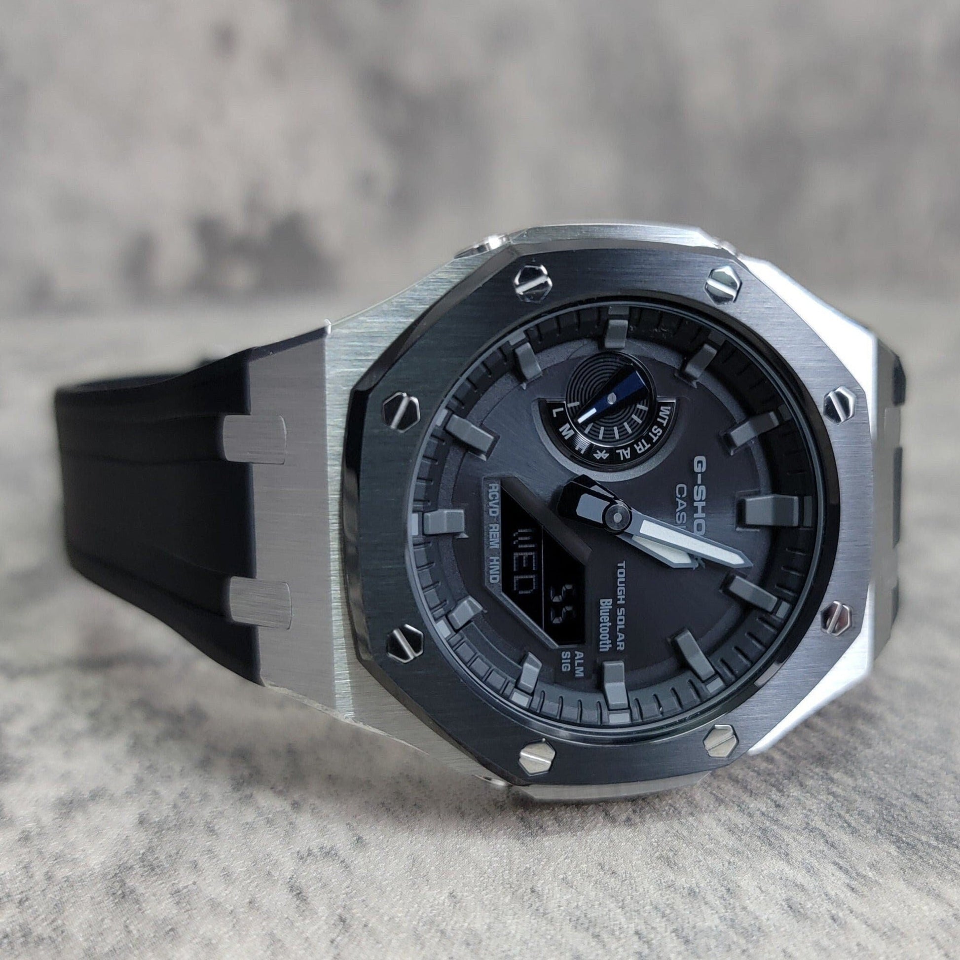 Casioak Mod Watch Solar Bluetooth Black Silver Case Black Rubber Strap Black Gray Time Mark Black Gray Dial 44mm G SHOCK CUSTOM- Casioak Mod Casio G-Shock Royal Oak Custom Mens Luxury Watches Ga2100