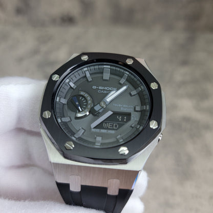 Casioak Mod Watch Solar Bluetooth Black Silver Case Black Rubber Strap Black Gray Time Mark Black Gray Dial 44mm G SHOCK CUSTOM- Casioak Mod Casio G-Shock Royal Oak Custom Mens Luxury Watches Ga2100