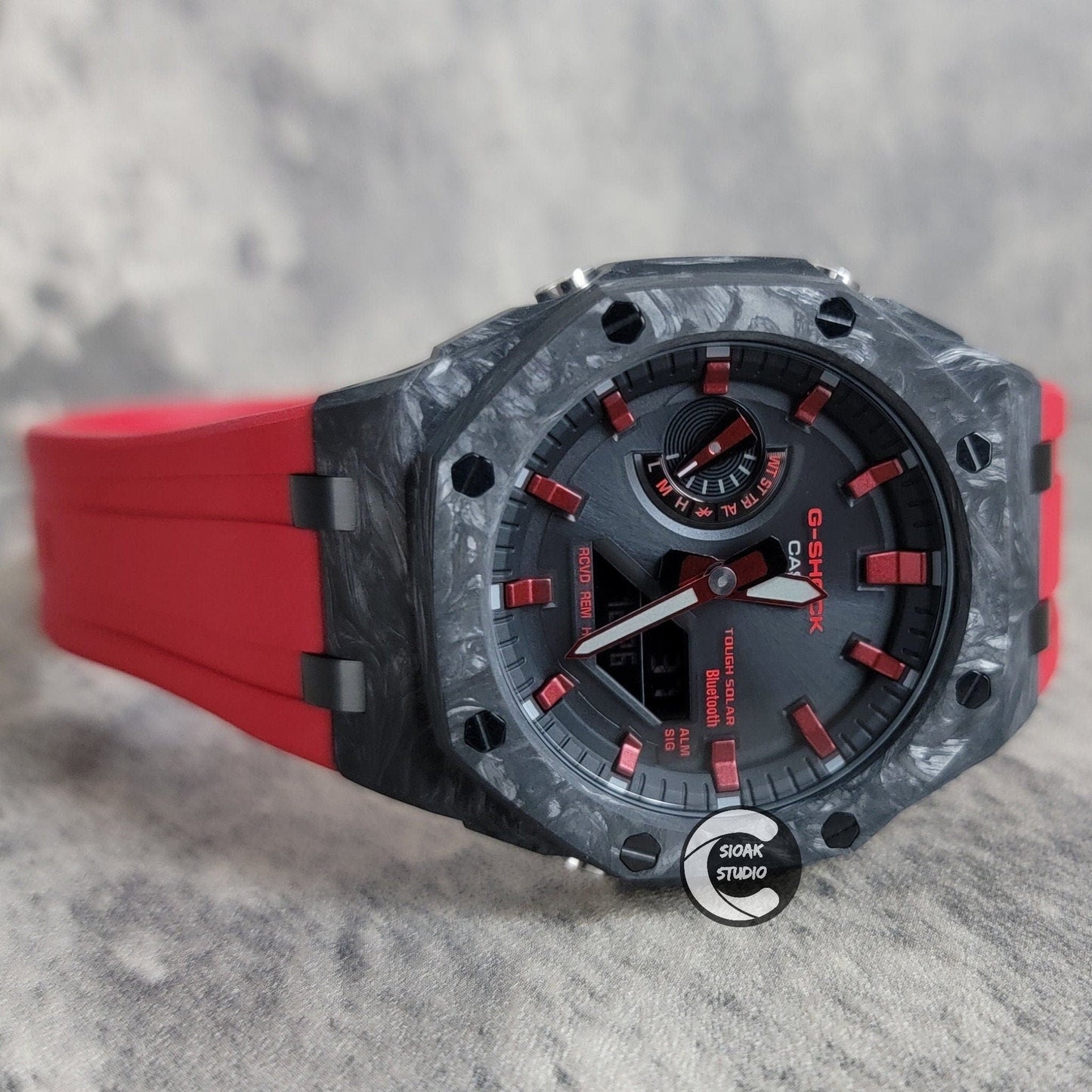 Casioak Mod Watch Solar Bluetooth Carbon Fiber Offshore Superior Black Case Red Strap Black Red Time Mark Black Dial 44mm- Casioak Mod Casio G-Shock Royal Oak Custom Mens Luxury Watches Ga2100