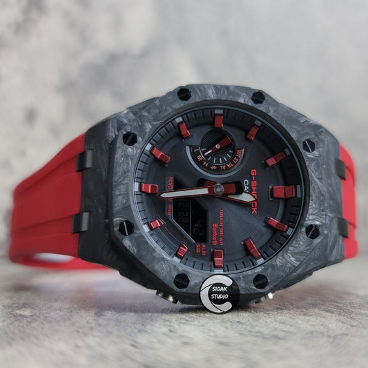 Casioak Mod Watch Solar Bluetooth Carbon Fiber Offshore Superior Black Case Red Strap Black Red Time Mark Black Dial 44mm- Casioak Mod Casio G-Shock Royal Oak Custom Mens Luxury Watches Ga2100