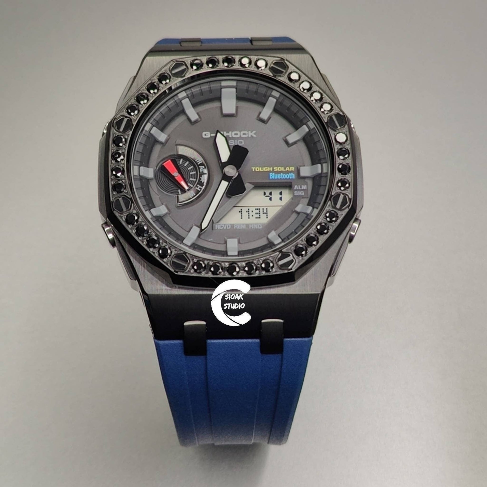 Casioak Mod Watch Solar Bluetooth Diamond Offshore Superior Black Case Blue Strap Black Gray Time Mark Black Dial 44mm- Casioak Mod Casio G-Shock Royal Oak Custom Mens Luxury Watches Ga2100