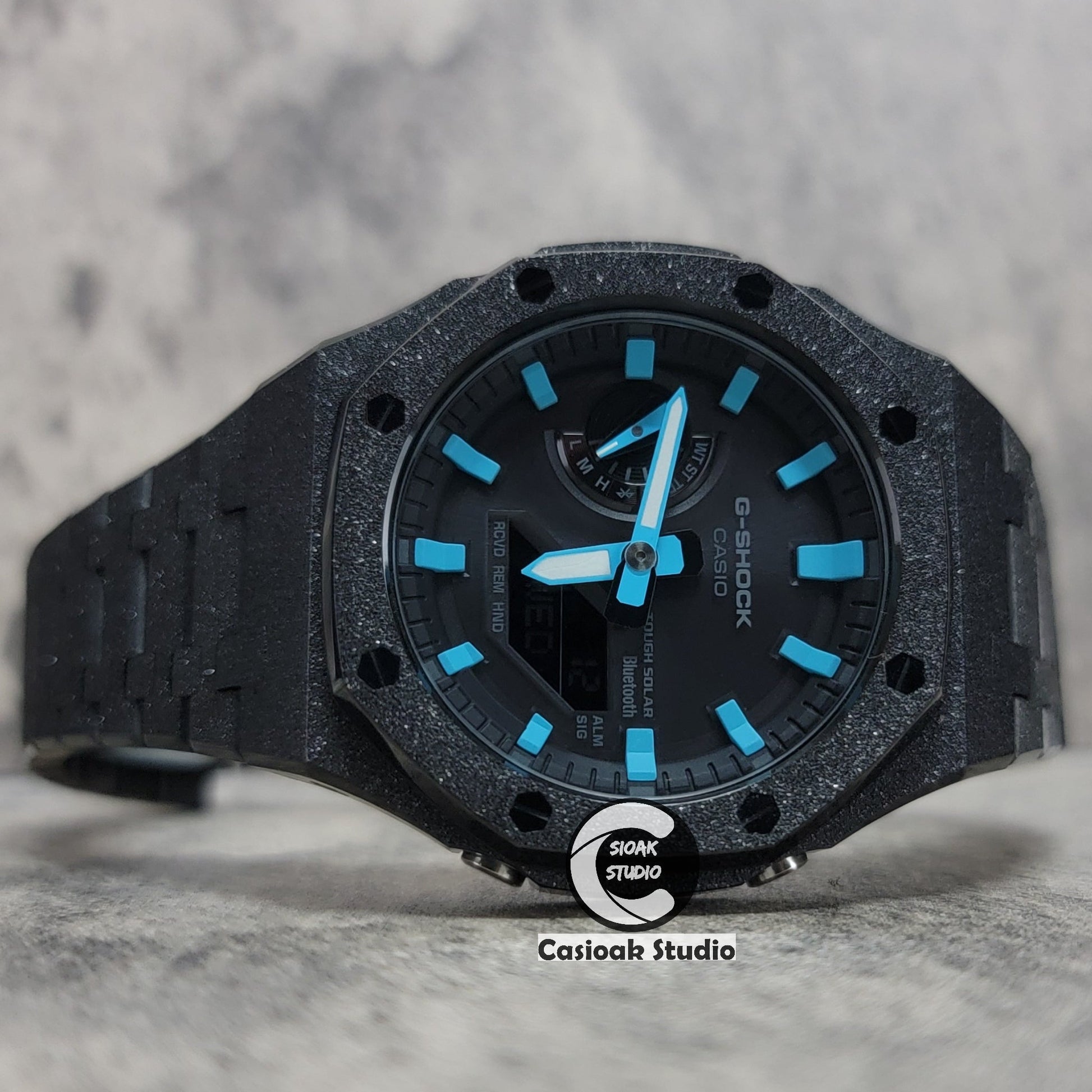 Casioak Mod Watch Solar Bluetooth Frosted Black Case Metal Strap Black Blue Time Mark Black Dial 44mm- Casioak Mod Casio G-Shock Royal Oak Custom Mens Luxury Watches Ga2100