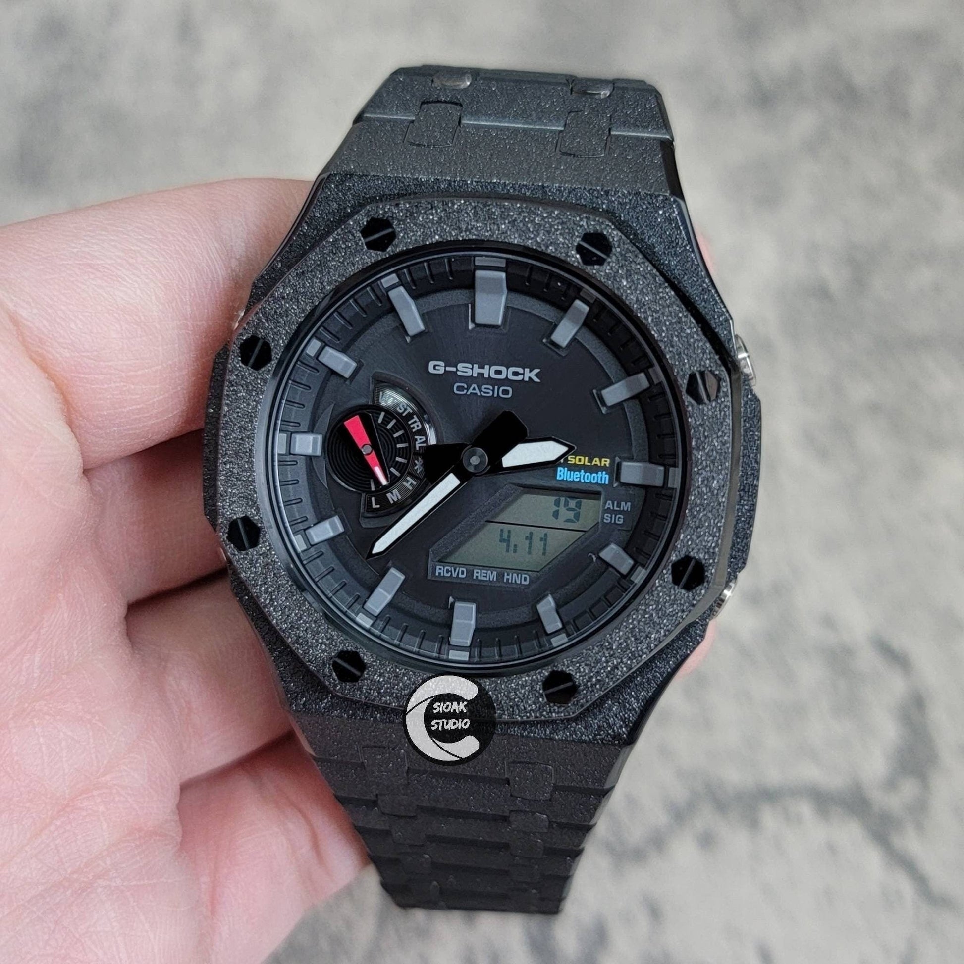 Casioak Mod Watch Solar Bluetooth Frosted Black Case Metal Strap Black Gray Time Mark Black Dial 44mm- Casioak Mod Casio G-Shock Royal Oak Custom Mens Luxury Watches Ga2100