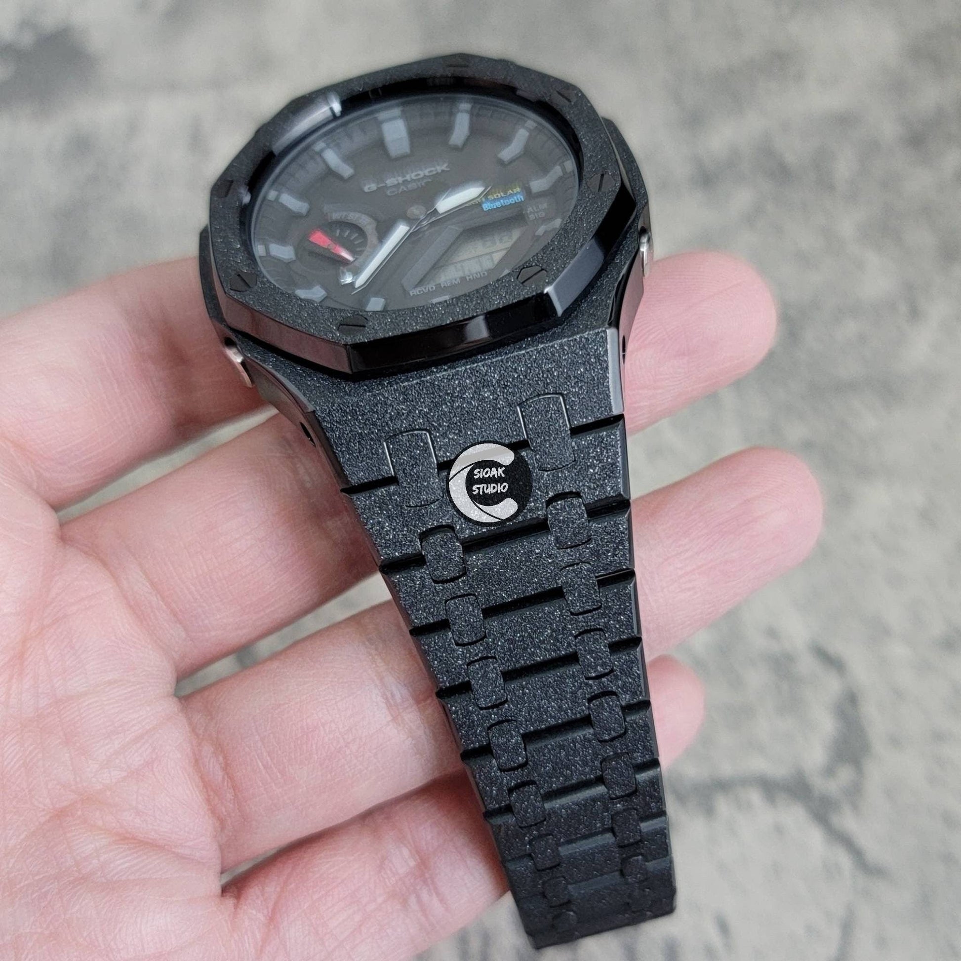 Casioak Mod Watch Solar Bluetooth Frosted Black Case Metal Strap Black Gray Time Mark Black Dial 44mm- Casioak Mod Casio G-Shock Royal Oak Custom Mens Luxury Watches Ga2100