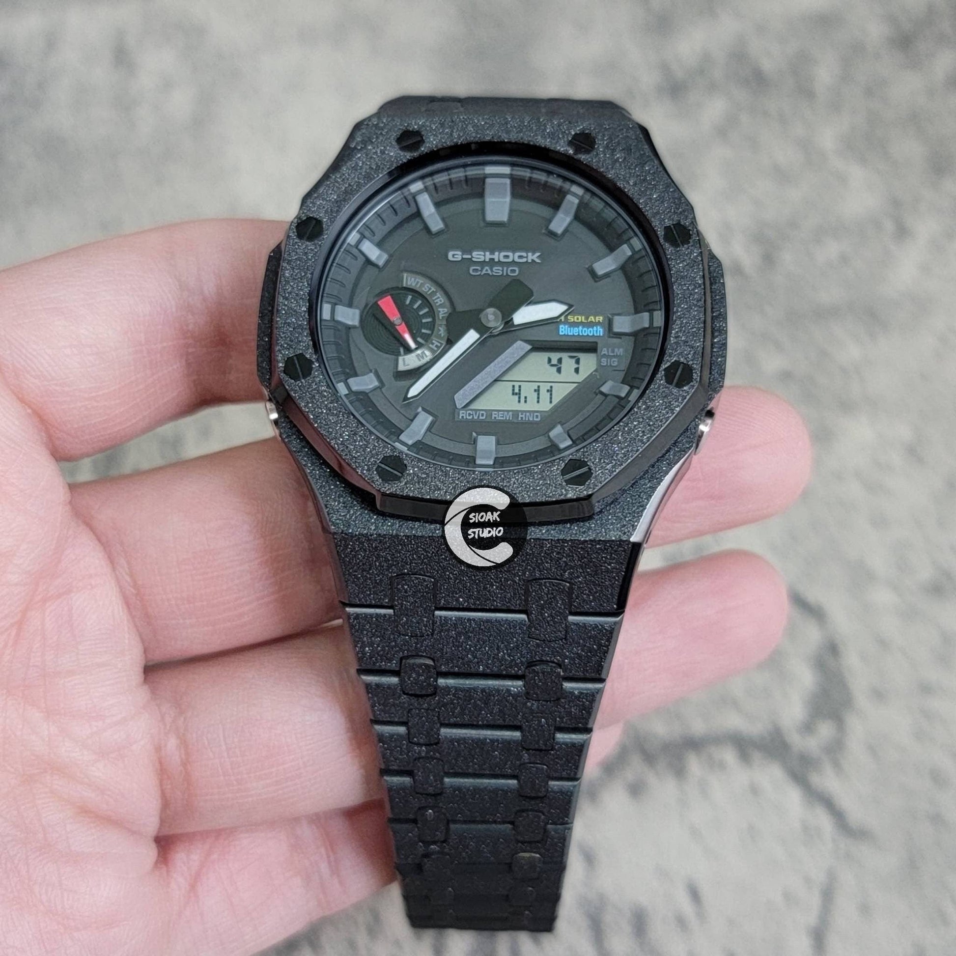 Casioak Mod Watch Solar Bluetooth Frosted Black Case Metal Strap Black Gray Time Mark Black Dial 44mm- Casioak Mod Casio G-Shock Royal Oak Custom Mens Luxury Watches Ga2100