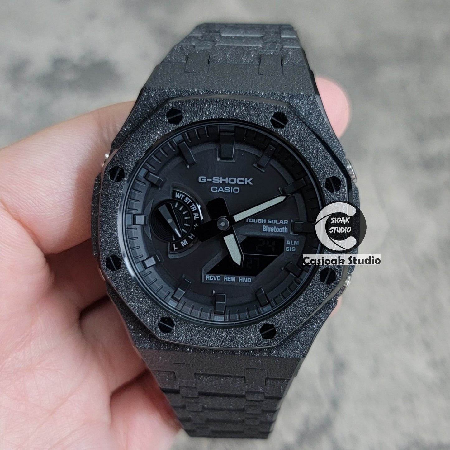 Casioak Mod Watch Solar Bluetooth Frosted Black Case Metal Strap Black Time Mark Black Dial 44mm- Casioak Mod Casio G-Shock Royal Oak Custom Mens Luxury Watches Ga2100