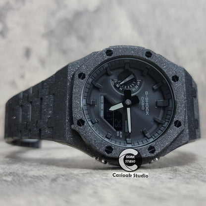 Casioak Mod Watch Solar Bluetooth Frosted Black Case Metal Strap Black Time Mark Black Dial 44mm- Casioak Mod Casio G-Shock Royal Oak Custom Mens Luxury Watches Ga2100