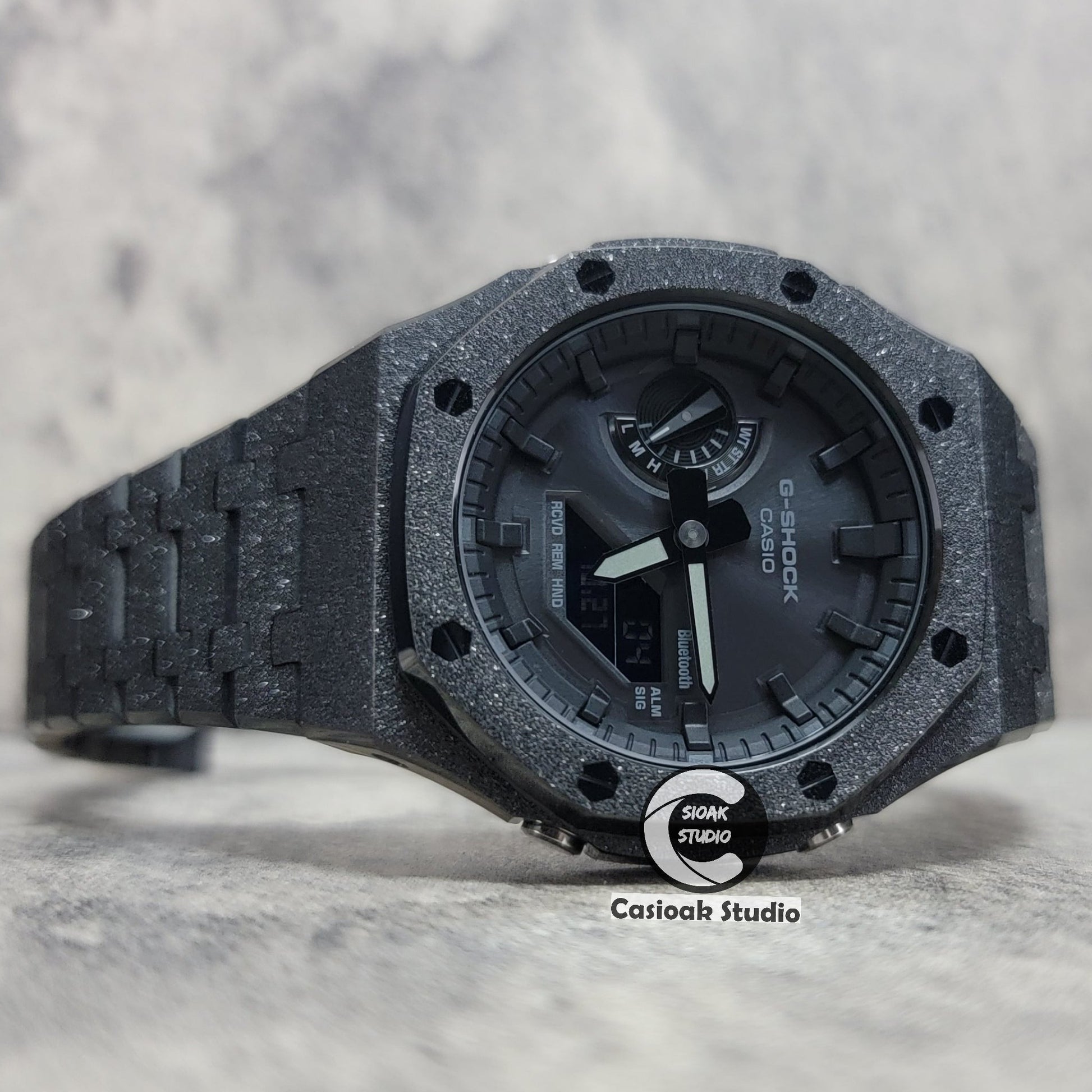 Casioak Mod Watch Solar Bluetooth Frosted Black Case Metal Strap Black Time Mark Black Dial 44mm- Casioak Mod Casio G-Shock Royal Oak Custom Mens Luxury Watches Ga2100