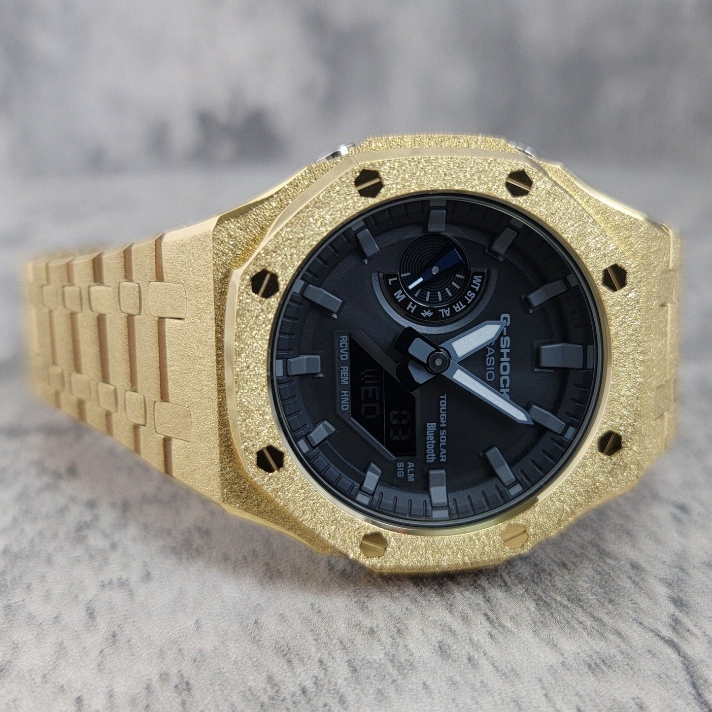 Casioak Mod Watch Solar Bluetooth Frosted Gold Case Metal Strap Black Gray Time Mark Black Dial 44mm G SHOCK CUSTOM- Casioak Mod Casio G-Shock Royal Oak Custom Mens Luxury Watches Ga2100