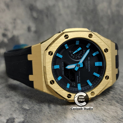 Casioak Mod Watch Solar Bluetooth Gold Case Black Rubber Strap Black Tiff Time Mark Black Dial 44mm- Casioak Mod Casio G-Shock Royal Oak Custom Mens Luxury Watches Ga2100