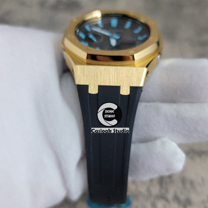 Casioak Mod Watch Solar Bluetooth Gold Case Black Rubber Strap Black Tiff Time Mark Black Dial 44mm- Casioak Mod Casio G-Shock Royal Oak Custom Mens Luxury Watches Ga2100