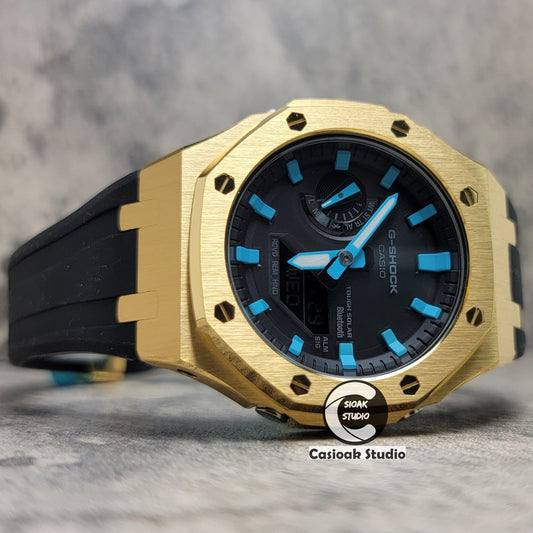 Casioak Mod Watch Solar Bluetooth Gold Case Black Rubber Strap Black Tiff Time Mark Black Dial 44mm- Casioak Mod Casio G-Shock Royal Oak Custom Mens Luxury Watches Ga2100