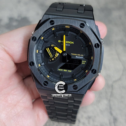 Casioak Mod Watch Solar Bluetooth Offshore Superior Black Case Metal Strap Black Time Mark Black Dial Yellow Hands 44mm- Casioak Mod Casio G-Shock Royal Oak Custom Mens Luxury Watches Ga2100