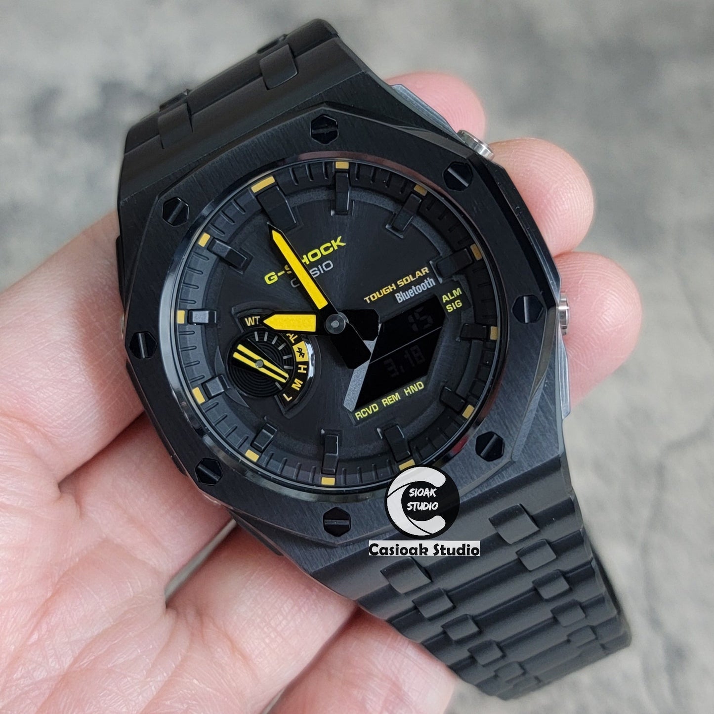 Casioak Mod Watch Solar Bluetooth Offshore Superior Black Case Metal Strap Black Time Mark Black Dial Yellow Hands 44mm- Casioak Mod Casio G-Shock Royal Oak Custom Mens Luxury Watches Ga2100