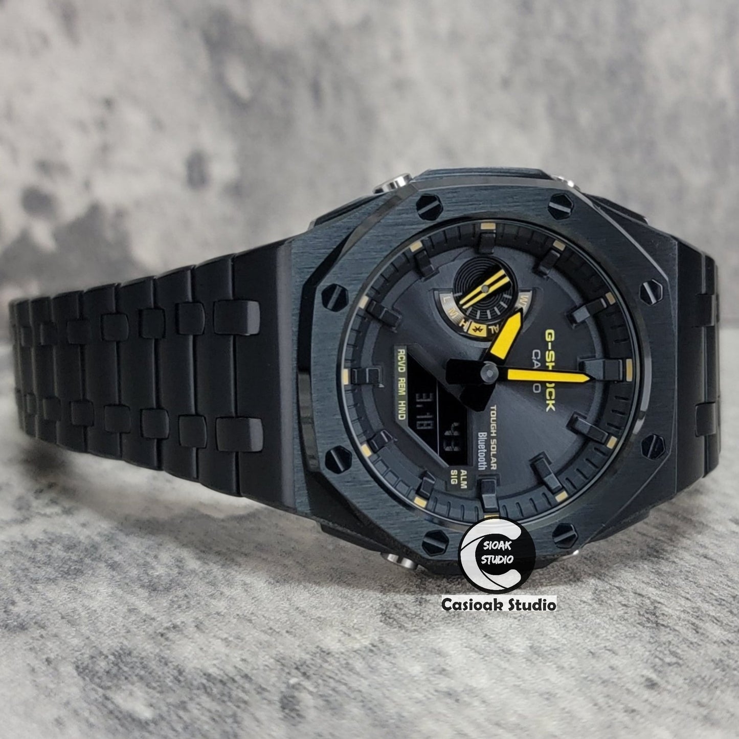 Casioak Mod Watch Solar Bluetooth Offshore Superior Black Case Metal Strap Black Time Mark Black Dial Yellow Hands 44mm- Casioak Mod Casio G-Shock Royal Oak Custom Mens Luxury Watches Ga2100