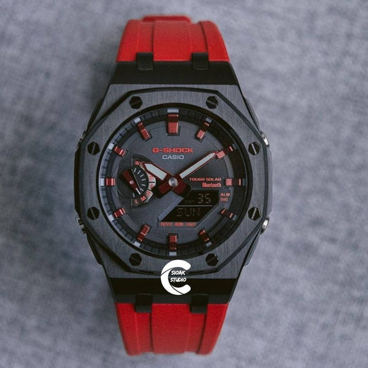 Casioak Mod Watch Solar Bluetooth Offshore Superior Black Case Red Rubber Strap Black Red Time Mark Black Dial 44mm- Casioak Mod Casio G-Shock Royal Oak Custom Mens Luxury Watches Ga2100