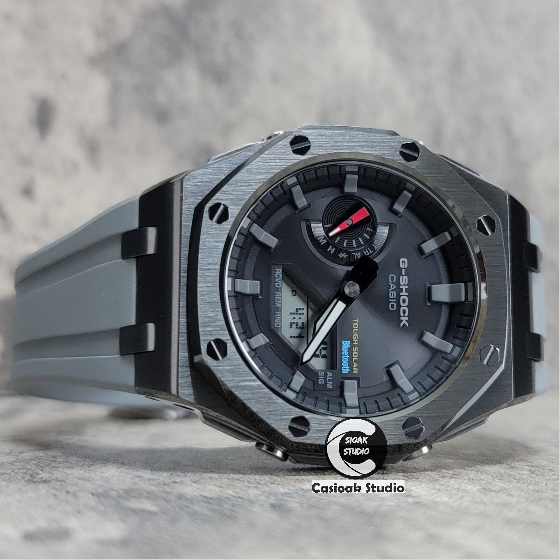 Casioak Mod Watch Solar Bluetooth Offshore Superior Case Gray Rubber Strap Black Gray Time Mark Black Dial 44mm- Casioak Mod Casio G-Shock Royal Oak Custom Mens Luxury Watches Ga2100