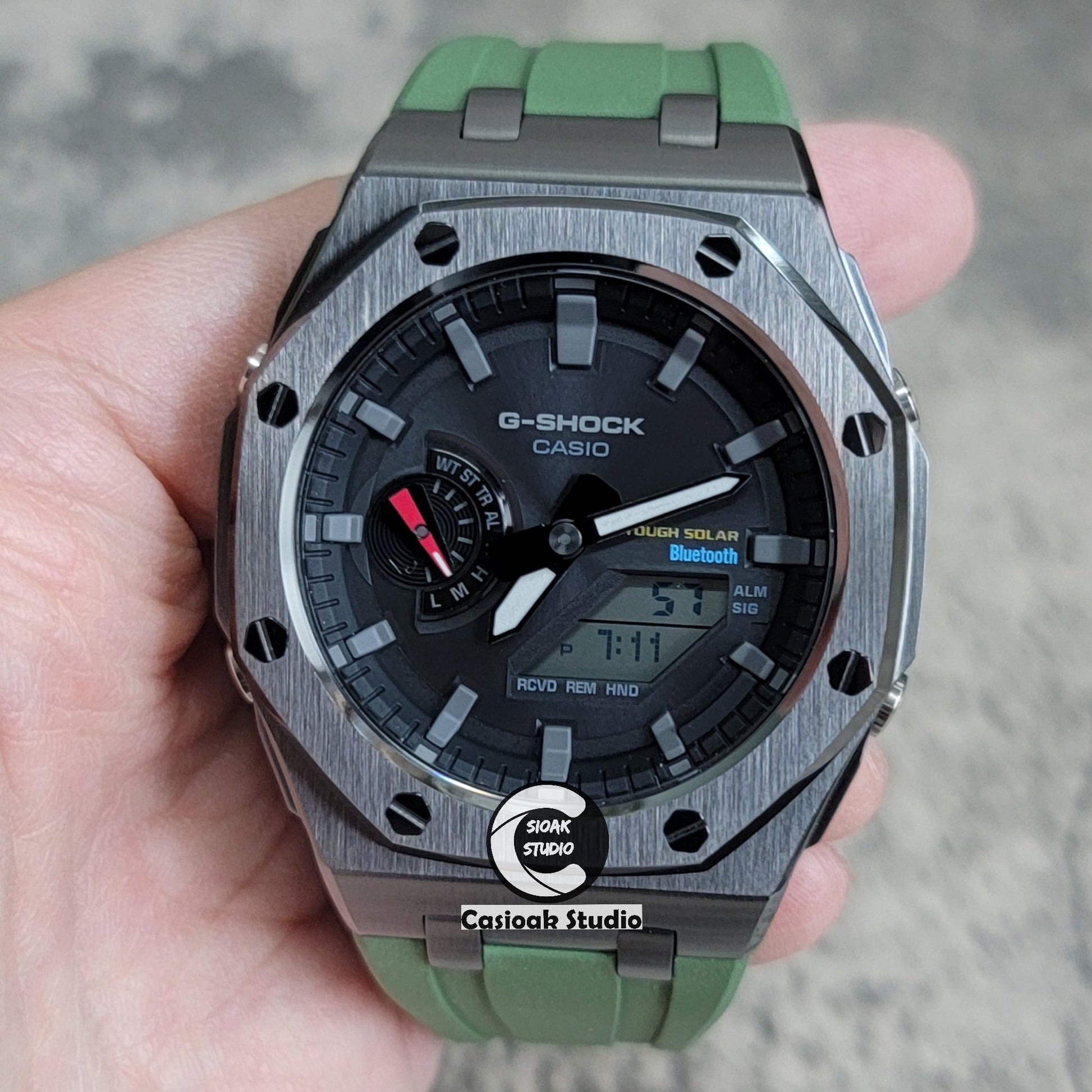 Casioak Mod Watch Solar Bluetooth Offshore Superior Case Green Rubber Strap Black Gray Time Mark Black Dial 44mm- Casioak Mod Casio G-Shock Royal Oak Custom Mens Luxury Watches Ga2100