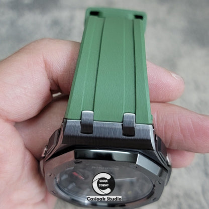 Casioak Mod Watch Solar Bluetooth Offshore Superior Case Green Rubber Strap Black Gray Time Mark Black Dial 44mm- Casioak Mod Casio G-Shock Royal Oak Custom Mens Luxury Watches Ga2100