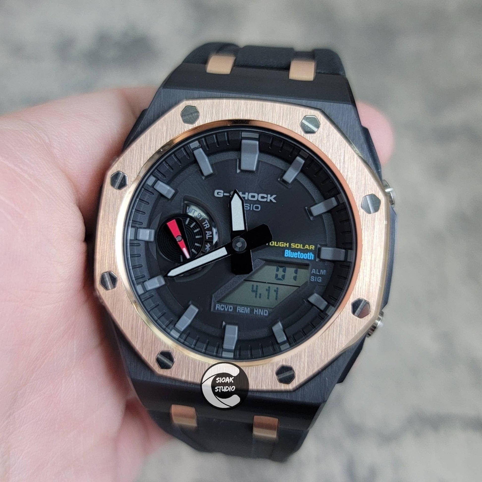 Casioak Mod Watch Solar Bluetooth Offshore Superior Rose Gold Black Case Black Rubber Strap Black Gray Time Mark Black Dial 44mm- Casioak Mod Casio G-Shock Royal Oak Custom Mens Luxury Watches Ga2100