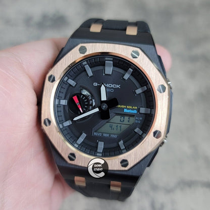 Casioak Mod Watch Solar Bluetooth Offshore Superior Rose Gold Black Case Black Rubber Strap Black Gray Time Mark Black Dial 44mm- Casioak Mod Casio G-Shock Royal Oak Custom Mens Luxury Watches Ga2100