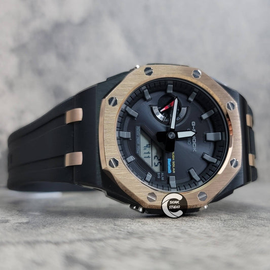 Casioak Mod Watch Solar Bluetooth Offshore Superior Rose Gold Black Case Black Rubber Strap Black Gray Time Mark Black Dial 44mm- Casioak Mod Casio G-Shock Royal Oak Custom Mens Luxury Watches Ga2100