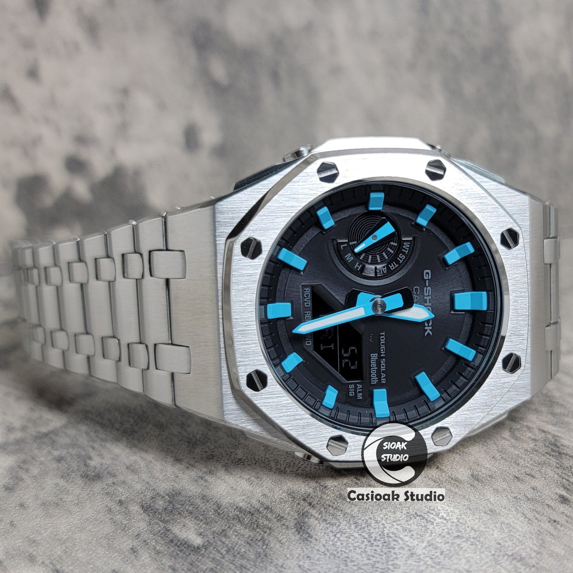 Casioak Mod Watch Solar Bluetooth Offshore Superior Silver Case Metal Strap Black Tiff Blue Time Mark Black Dial 44mm- Casioak Mod Casio G-Shock Royal Oak Custom Mens Luxury Watches Ga2100