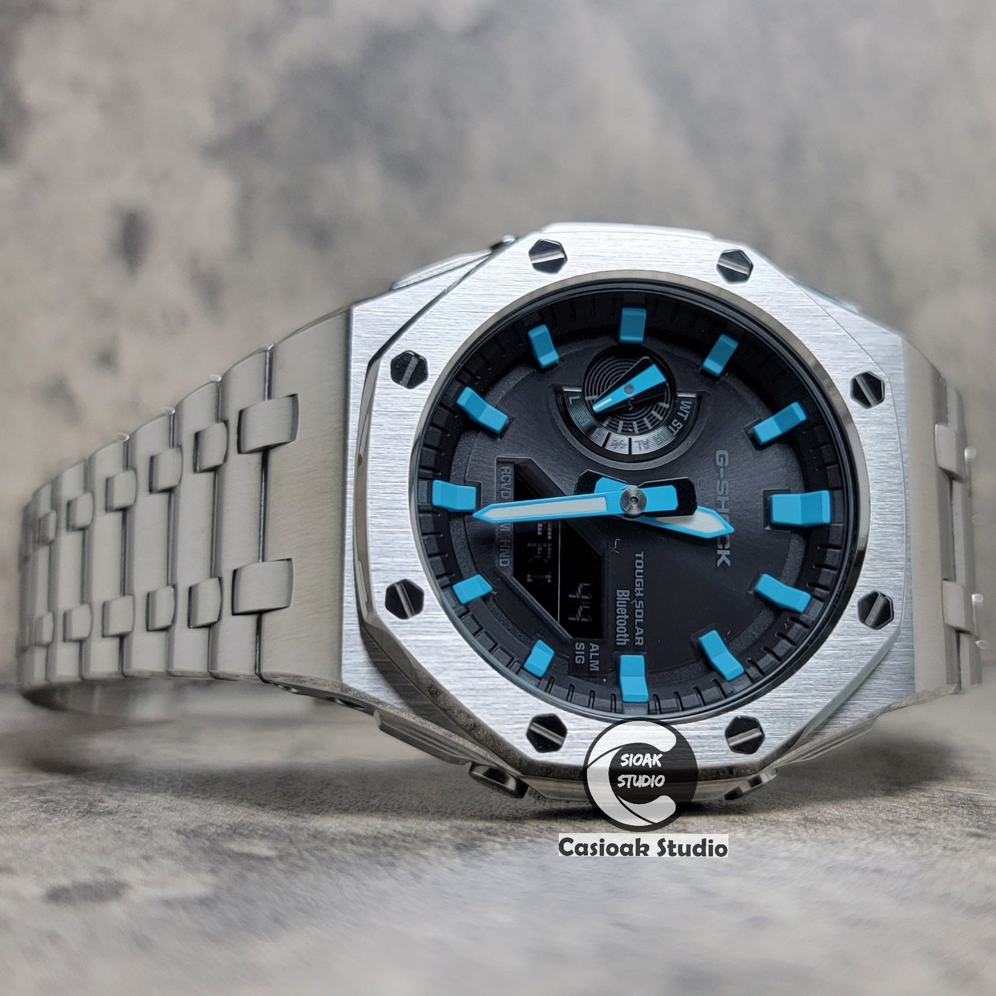 Casioak Mod Watch Solar Bluetooth Offshore Superior Silver Case Metal Strap Black Tiff Blue Time Mark Black Dial 44mm- Casioak Mod Casio G-Shock Royal Oak Custom Mens Luxury Watches Ga2100