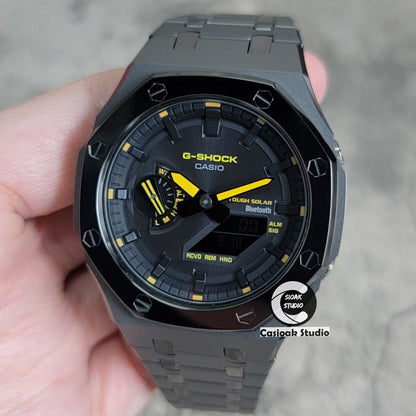 Casioak Mod Watch Solar Bluetooth Polished Gray Case Metal Strap Black Time Mark Black Dial 44mm- Casioak Mod Casio G-Shock Royal Oak Custom Mens Luxury Watches Ga2100