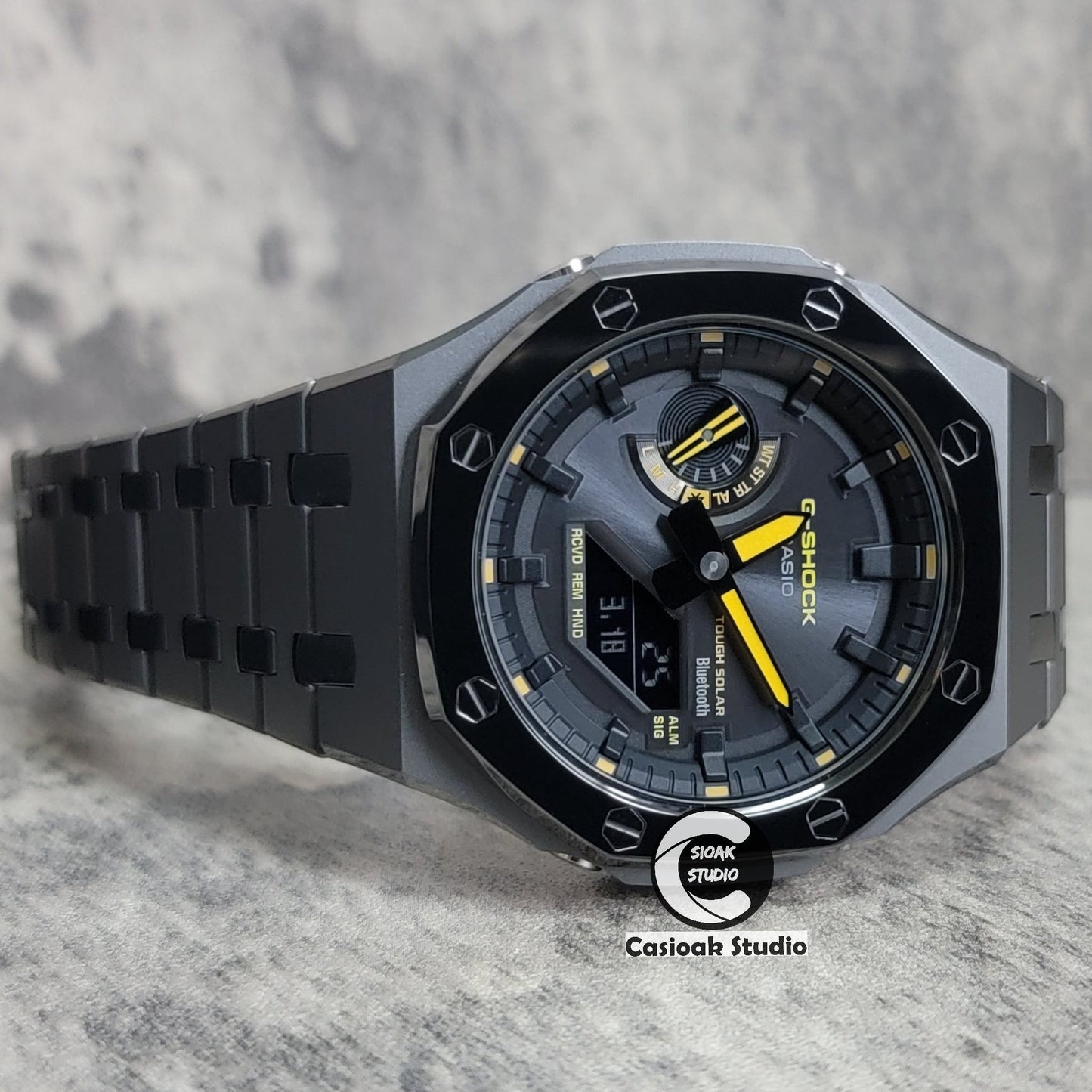 Casioak Mod Watch Solar Bluetooth Polished Gray Case Metal Strap Black Time Mark Black Dial 44mm- Casioak Mod Casio G-Shock Royal Oak Custom Mens Luxury Watches Ga2100