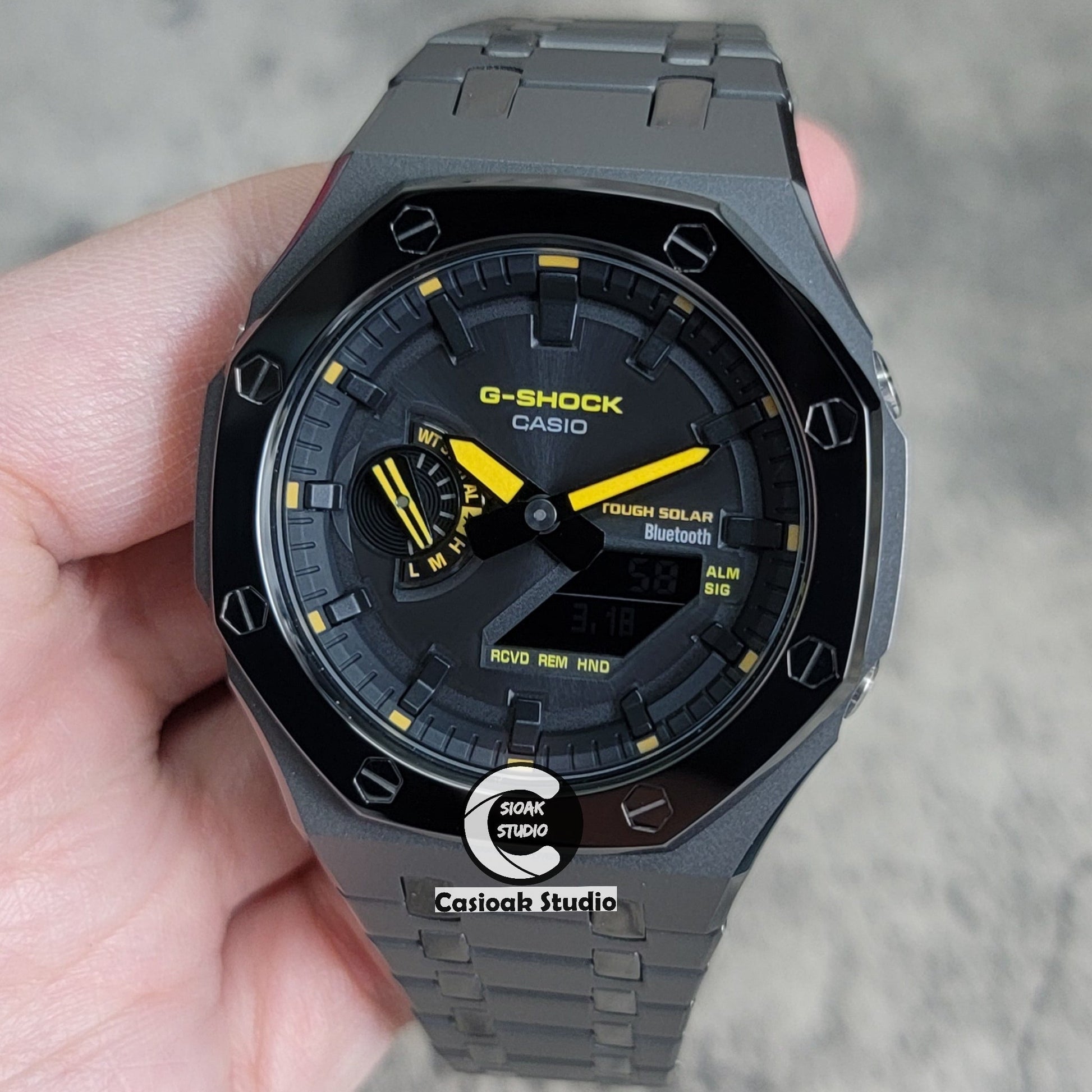 Casioak Mod Watch Solar Bluetooth Polished Gray Case Metal Strap Black Time Mark Black Dial 44mm- Casioak Mod Casio G-Shock Royal Oak Custom Mens Luxury Watches Ga2100