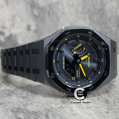 Casioak Mod Watch Solar Bluetooth Polished Gray Case Metal Strap Black Time Mark Black Dial 44mm- Casioak Mod Casio G-Shock Royal Oak Custom Mens Luxury Watches Ga2100