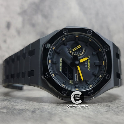 Casioak Mod Watch Solar Bluetooth Polished Gray Case Metal Strap Black Time Mark Black Dial 44mm- Casioak Mod Casio G-Shock Royal Oak Custom Mens Luxury Watches Ga2100