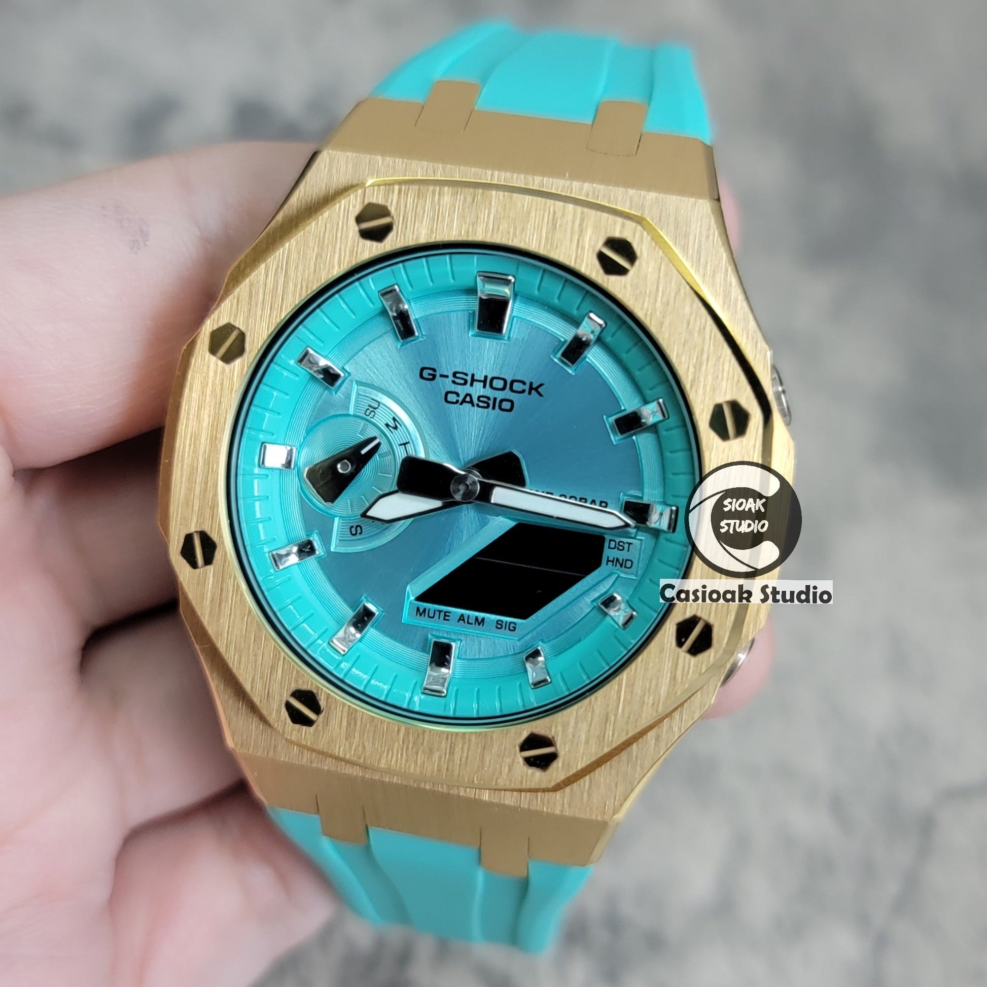 Casioak Mod Watch Std Gold Case Tiff Rubber Strap Tiff Silver Time Mark Tiff Blue Dial 44mm- Casioak Mod Casio G-Shock Royal Oak Custom Mens Luxury Watches Ga2100