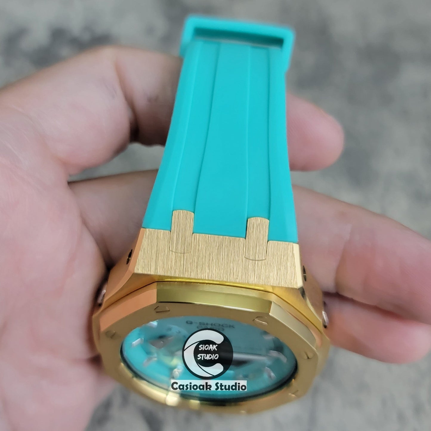 Casioak Mod Watch Std Gold Case Tiff Rubber Strap Tiff Silver Time Mark Tiff Blue Dial 44mm- Casioak Mod Casio G-Shock Royal Oak Custom Mens Luxury Watches Ga2100