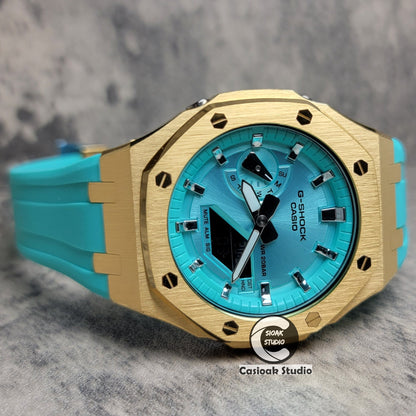 Casioak Mod Watch Std Gold Case Tiff Rubber Strap Tiff Silver Time Mark Tiff Blue Dial 44mm- Casioak Mod Casio G-Shock Royal Oak Custom Mens Luxury Watches Ga2100