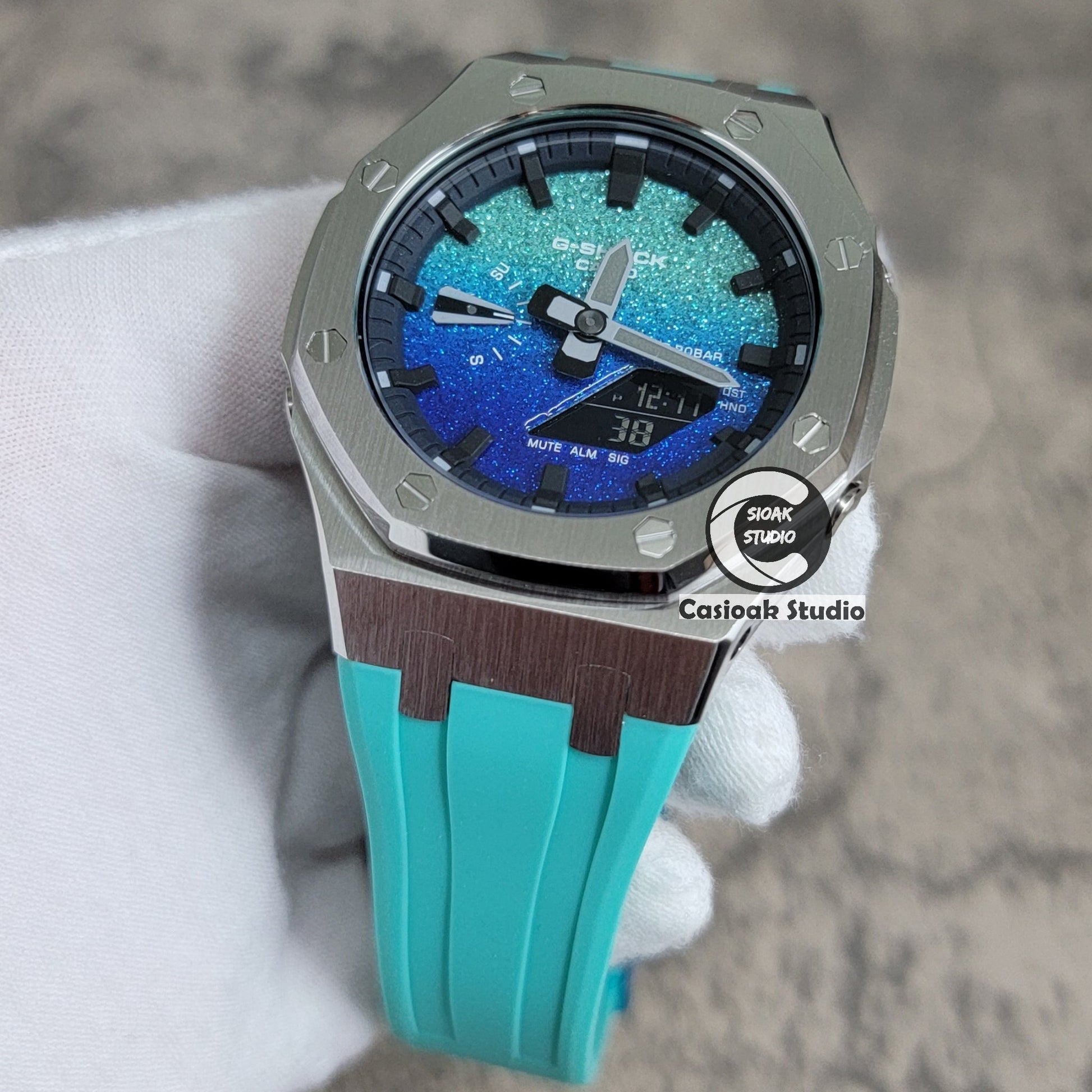 Casioak Mod Watch Std Silver Case Tiff Rubber Strap Black Time Mark BlingTiff Blue Dial 44mm- Casioak Mod Casio G-Shock Royal Oak Custom Mens Luxury Watches Ga2100