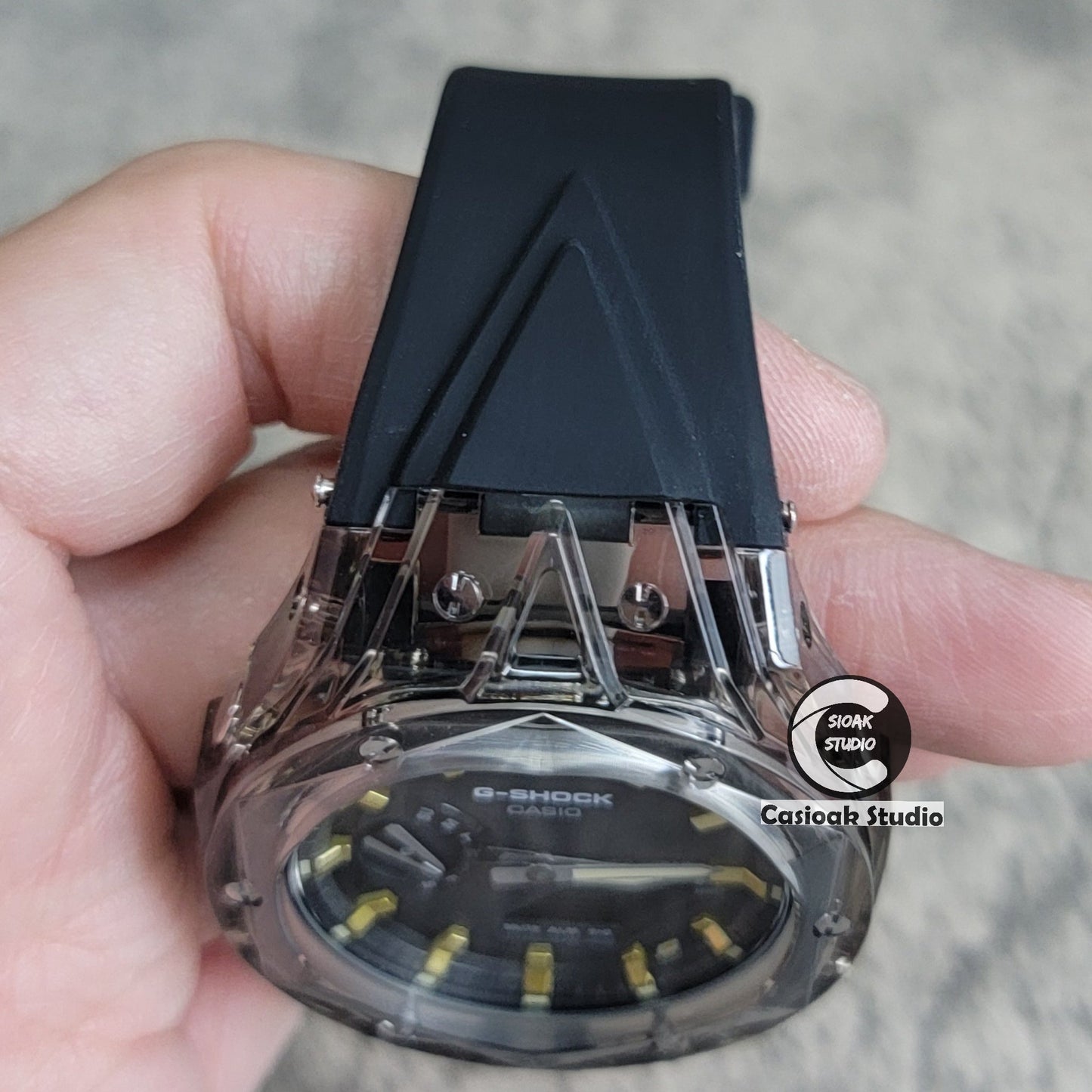 Casioak Mod Watch Transparent Black Case Black Strap Black Gold Time Mark Black Dial 44mm- Casioak Mod Casio G-Shock Royal Oak Custom Mens Luxury Watches Ga2100